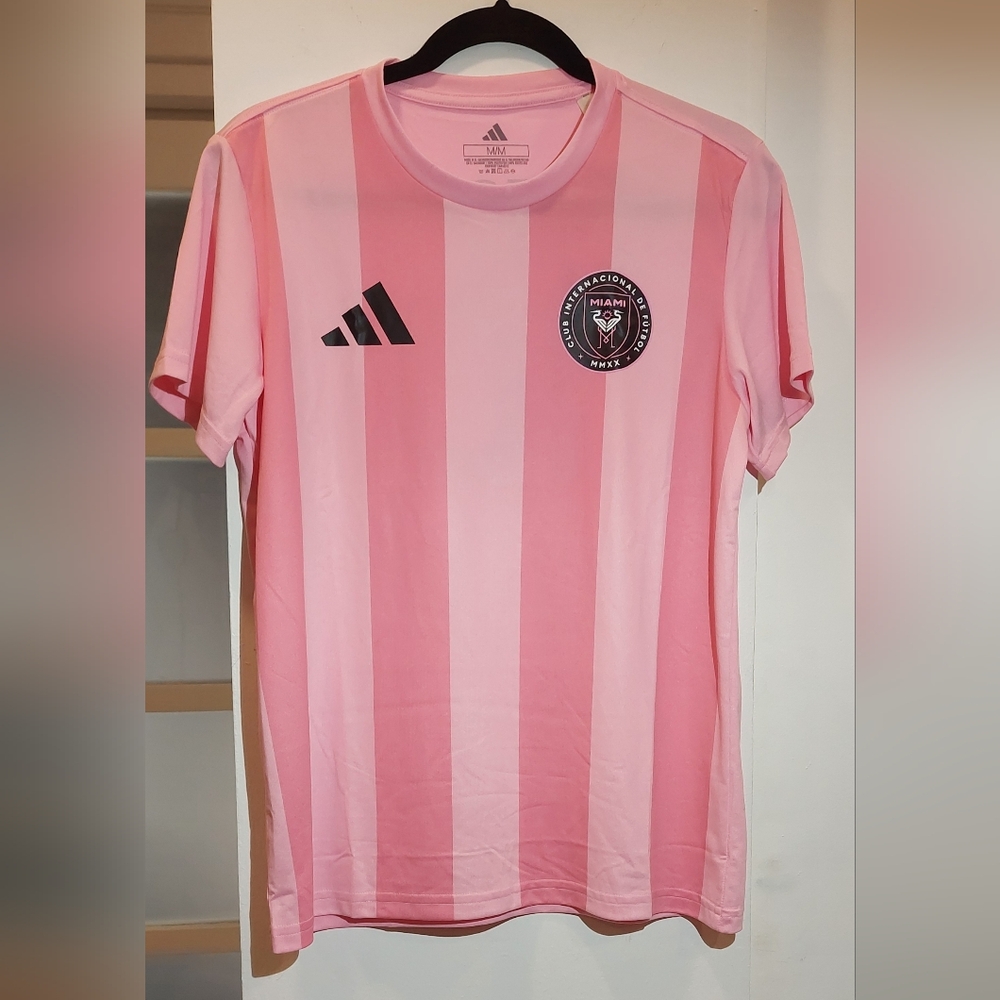 Adidas Men  Pink Striped Soccer Jersey - Inter Miami Style